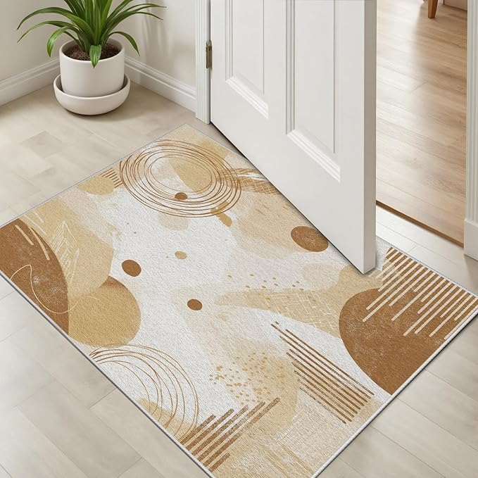 Minimalist Abstract Area Rug 7x9 Beige Boho, Modern Washable Geometric Art Carpet, Soft Non-Slip Low-Pile Carpet for Living Room, Bedroom, Kitchen, Dining Room, Pet Friendly, Non-Shedding, Brown