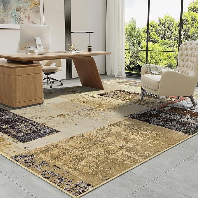 LOCHAS Rug for Living Room 6x9, Washable Soft Area Rugs for Bedroom, Abstract Carpet for Indoor Office Kids Dining Room Nursery Floor, Khaki Geometric Vintage Home Decor, Non Slip, Pet Child Friendly