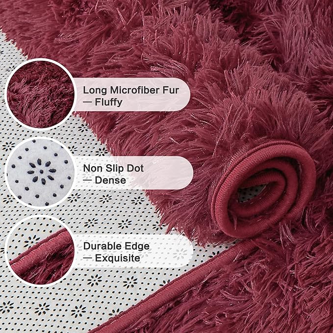 Andency Burgundy Soft Area Rugs for Living Room Bedroom, 5x8 Fluffy Shaggy Bedside Rug, Non-Slip Large Shag Fuzzy Plush Carpets for Bedroom Kids Dorm Nursery Home Decor Aesthetic