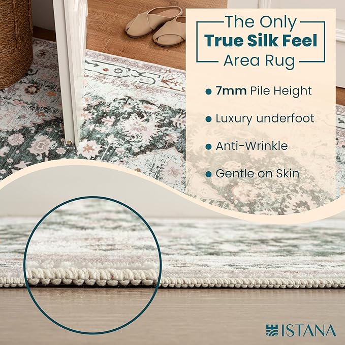 Istana Hallway Runner Rug 2x6 - Light Green/Beige Kitchen Rugs Non Slip Washable -Silk's Soft Touch Carpet Runner - Stylish Rug for Home
