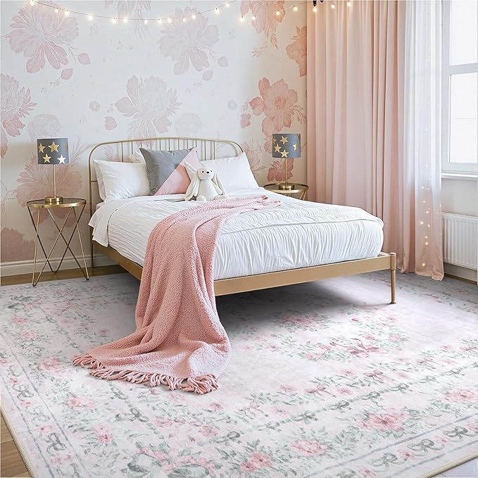 Wonnitar Floral Bow Print 8x10 Area Rugs, Washable Pink Rugs for Bedroom Girls, Boho Ultra-Thin Soft Non Slip Carpet for Nursery Living Room Kids Room Classroom Decor, Light Pink