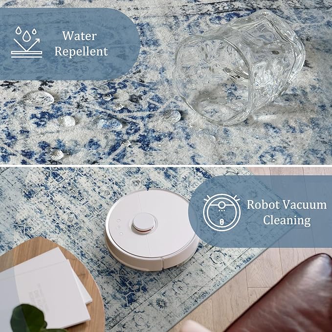 Morebes Vintage Hallway Runners 12 Ft Non Slip, Washable Blue Hall Runner Rugs, Super Soft Distressed Extra Long Floor Carpet for Kitchen Entryway Living Room Dining Farmhouse