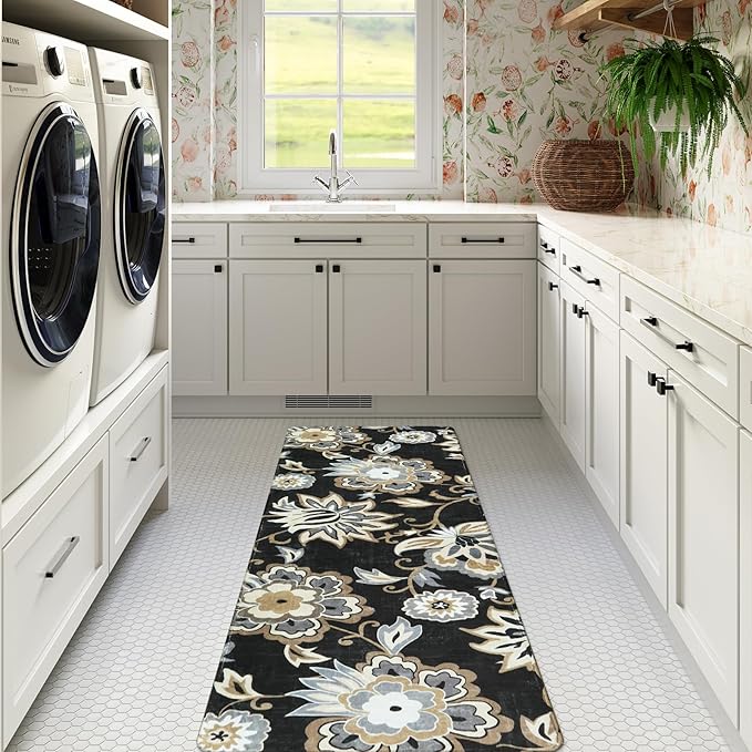 Lahome Floral 2x5 Washable Rug Runner - Black Entryway Kitchen Runner Rug Non-Slip Ultra-Thin Stain Resistant, Paisley Print Accent Carpet for Hallway Bedroom Laundry Living Room