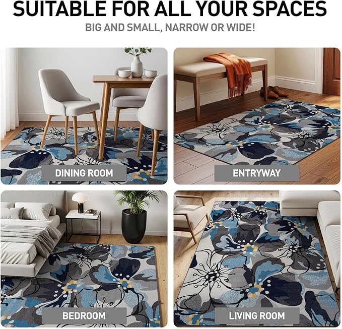 Rugshop Contemporary Gray-Blue Large Floral Non-Slip Area Rug 5' x 7' - Stylish Accent