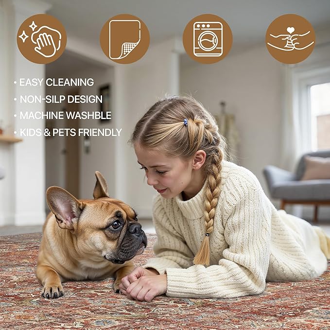 2x8 Runner Rug Machine Washable Boho Runners for Hallway,Ultra-Thin Low Pile Rug,Lightweight Indoor Carpet,Non Slip Floral Runners for Enrtyway, Corridor, Home Office, Kitchen,Terracotta/Indigo