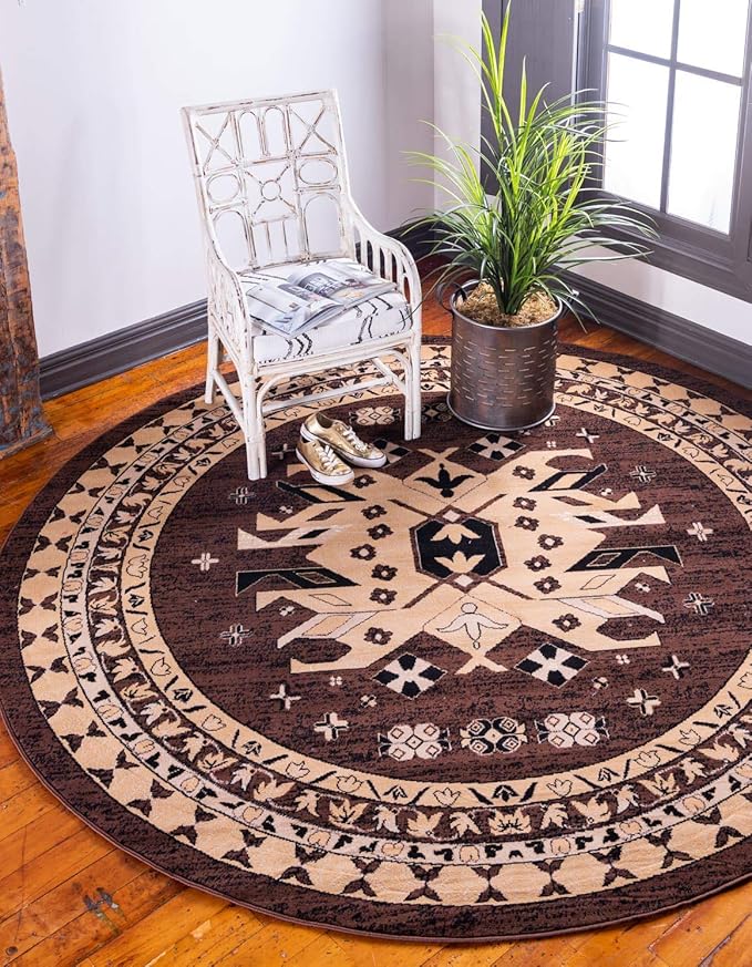 Unique Loom Taftan Collection Border Geometric Tribal Inspired Design Area Rug (8' 0 x 8' 0 Round, Brown/ Tan)