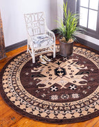 Unique Loom Taftan Collection Border Geometric Tribal Inspired Design Area Rug (8' 0 x 8' 0 Round, Brown/ Tan)