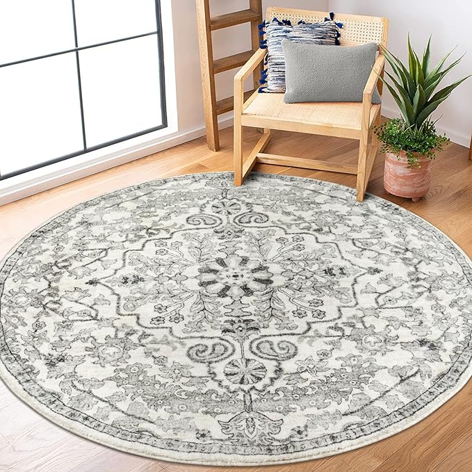 Lahome Round Rug 5'3"Ft, Soft Rugs for Living Room Machine Washable Rugs for Bedroom, Bohemian Medallion Non-Slip Non-Shedding Print Indoor Carpet for Entryway Bathroom Coffee Table, Beige
