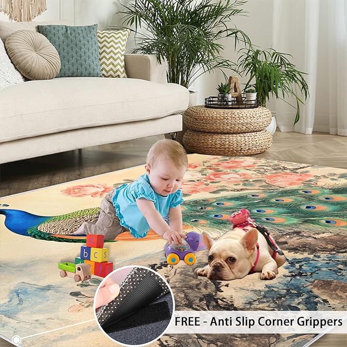 Peacock Peony Flower Area Rug 4x6-4x6 Rug, Classic Peacock Peony Rugs for Living Room, Oriental Carpet, Floral Animal Washable Area Rugs for Bedroom, Aesthetics Carpet - Peafowl Home Decor & Gifts