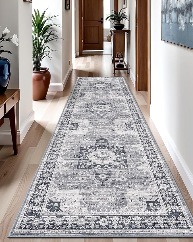 LUMI Runner Rug 3x10, Washable Non-Slip Hallway Throw Rugs, Long Soft Thin Vintage Oriental Kitchen Mats, Low-Pile Indoor Kitchen Entryway Area Rug, Dusty Blue