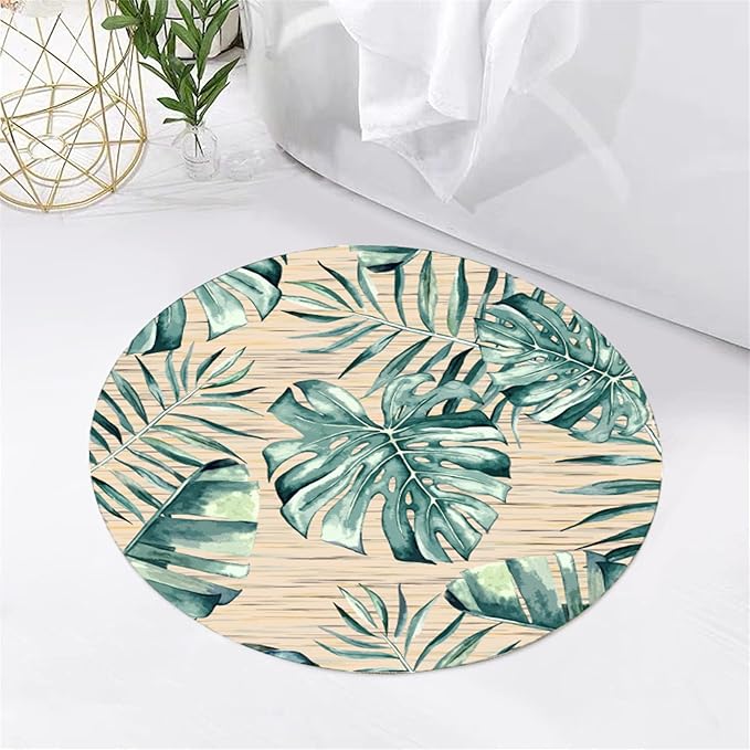 Tropical Leaf Round Area Rug 7ft - Green Beige Watercolor Design Indoor Carpet, Soft Non-Slip Floor Mat for Living Room Bedroom Office, Easy Clean Modern Decor