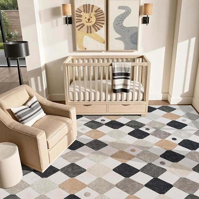 jinchan Macy Area Rug 8x10 Kids Washable Indoor Non-Slip Black and White Modern Soft Rug Elementary School Classroom Diamond Carpet for Nursery Playroom Daycare Living Room Dorm Marble on Cream