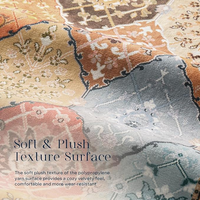 Phantoscope Washable Area Rug 8'x10' Non-Slip, Vintage Boho Rugs for Living Room, Bedroom, Dining Room, Distressed Moroccan Mosaic Diamond Pattern, Low-Pile Foldable Floor Carpet, Terracotta/Rust