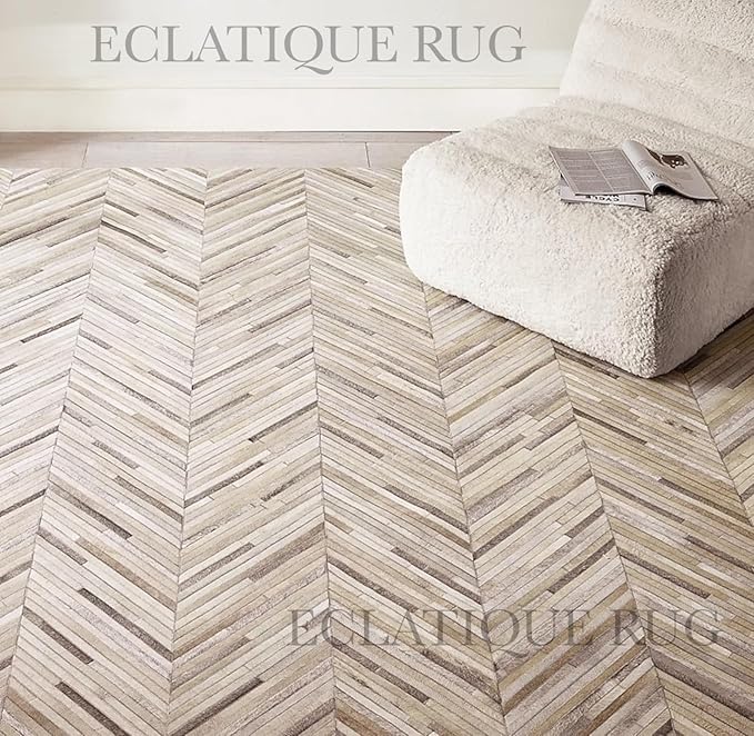 Elegant Rectangular Rug Cowhide Leather Luxury Non Slip Chevron Patchwork Area Rug for Living Room, Home Décor and Indoor Carpet (Beige-8 x 10 ft)