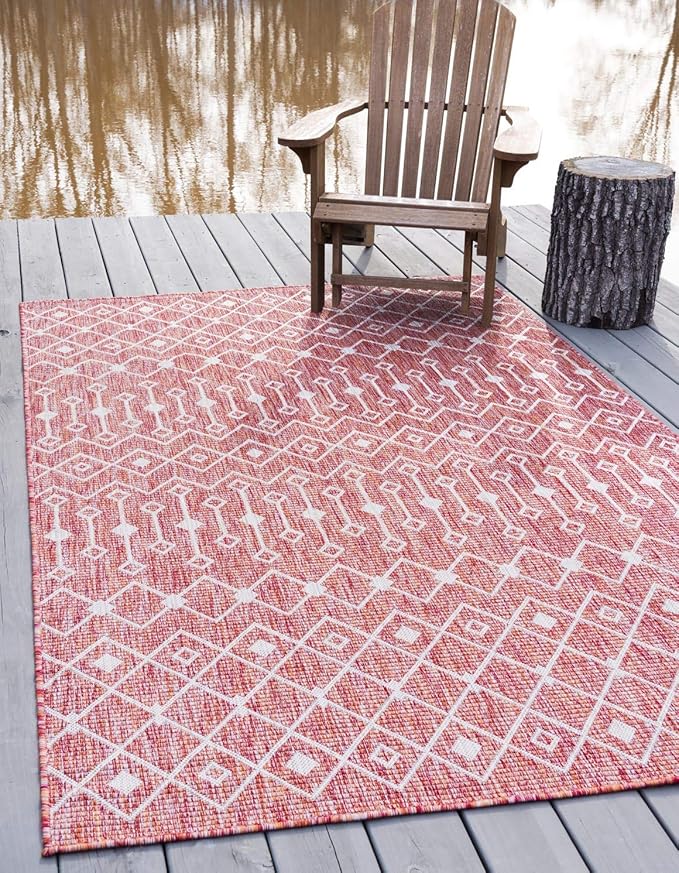 Unique Loom Outdoor Trellis Collection Area Rug - Tribal Trellis (6' 1" x 9' Rectangle, Rust Red/ Ivory)