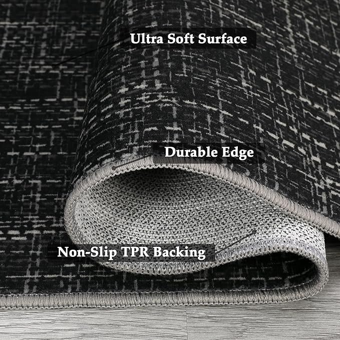 RUGSREAL Area Rug 5x7 Machine Washable Area Rug for Living Room Non-Slip Stain Resistant Modern Abstract Bedroom Rug Contemporary Solid Throw Rug Foldable Accent Floor Carpet for Dining Room, Black