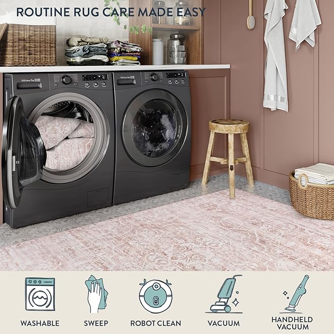 Lahome Pink Area Rugs 8x10,Washable Boho Living Room Rugs,Floral Large Area Rugs Non-Slip Soft Bedroom Rug 8x10 Under Bed Baby Girl Nursery Rug for Dining Room Table Office (Pink,8'X10')