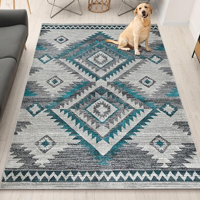 YHSF South West Native American Rug Ritz – Native Tribal American Indian Inspired Rug - Living Room, Bedroom, Hallway, Entryway & High-Traffic Area Rugs - Washable - Soft - Steel, 8 Feet x 10 Feet