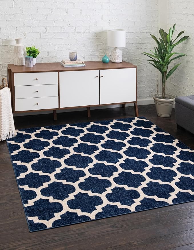 Rugs.com Lattice Collection Rug – 6 Ft Square Dark Blue Medium-Pile Rug Perfect for Living Rooms, Kitchens, Entryways