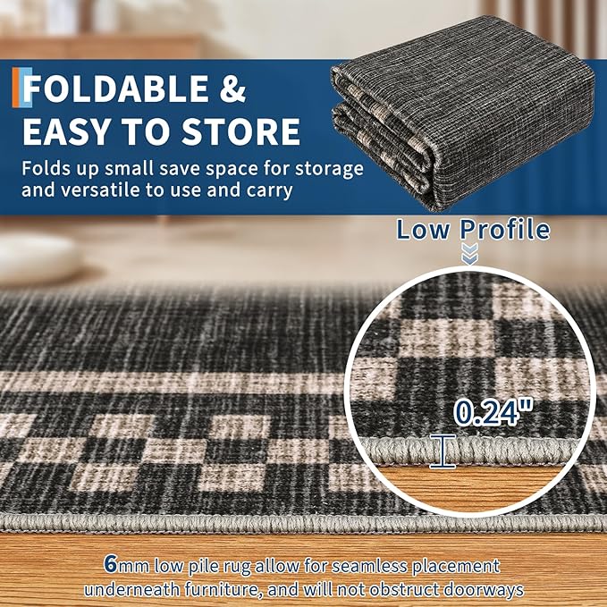 GarveeHome 4x6 Rug Small Washable Living Room Rug Modern Bordered Area Rugs with Rubber Backing Soft Non Slip Low Pile Dining Room Throw Carpet Checkered Geometric Mats for Bedroom Kitchen, Black