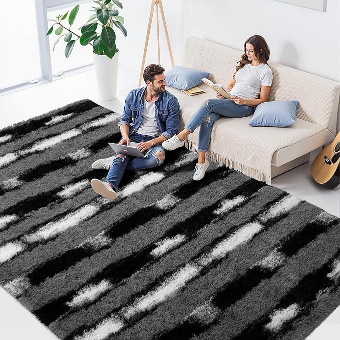 Zentavio Area Rugs for Living Room Large Rugs for Bedroom 6x9 Carpet Fluffy Fuzzy Soft Shag Aesthetic Plush High Pile Throw Rug for Nursery Kids Room Dorm Vertical Stripes Black White