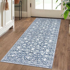 Vintage Floral 2x5 Runner Rug, Light Blue White Washable Kitchen Runner Rug Non-Slip Hallway Rug Runner Super Soft Thin Printed Faux Wool Carpet for Entryway Bedroom Bedside Laundry Room Indoor