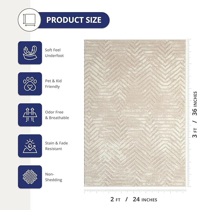 Abani Terra Cream 2' x 3' Area Rug for Living Room, Bedroom - Geometric Lines Pattern - Durable & Easy to Clean