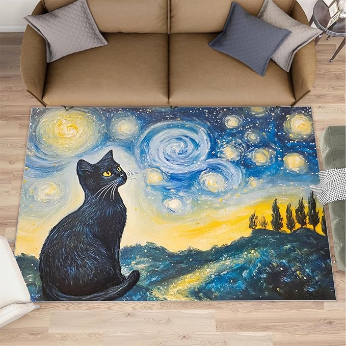 Black Cat Rugs for Bedroom - 4x6 Area Rug - Starry Sky Countryside Rugs for Living Room, Vintage Oil Painting Art Rug, Washable Home Decor Carpet