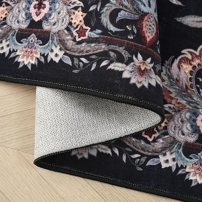 Rugcomf Vintage Paisley Runner Rug 2'7"x8' - Machine Washable, Non-Slip Low Pile Floral Carpet for Kitchen, Laundry, Bedroom, Bathroom - Black