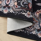 Rugcomf Vintage Paisley Round Rug 4ft - Machine Washable Area Rug, Non-Slip Low Pile Floral Carpet for Entryway, Living Room, Bedroom, Dining Room, Kids, Bathroom, Office - Black