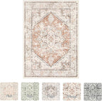 LIVEBOX 8x10 Area Rug for Living Room, Washable Orange Boho Rug, Soft Non-Slip, Low-Pile Vintage Medallion, Retro Faux Wool for Dining Room, Bedroom, Office