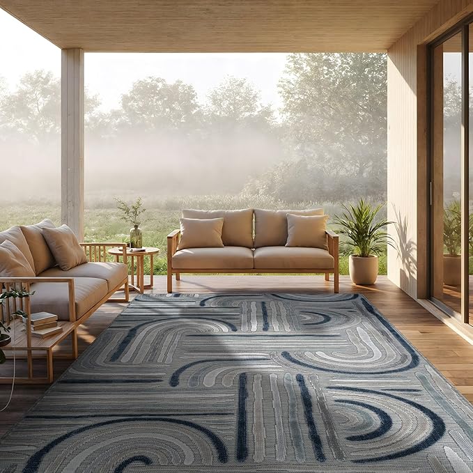 CAMILSON Indoor Outdoor Rug, Blue 6x9 Geometric Arch Striped Area Rugs for Patio and Home Areas, Easy-Cleaning Non-Shedding Living Room, Garden and Deck Washable Outside Carpet (6 x 9)