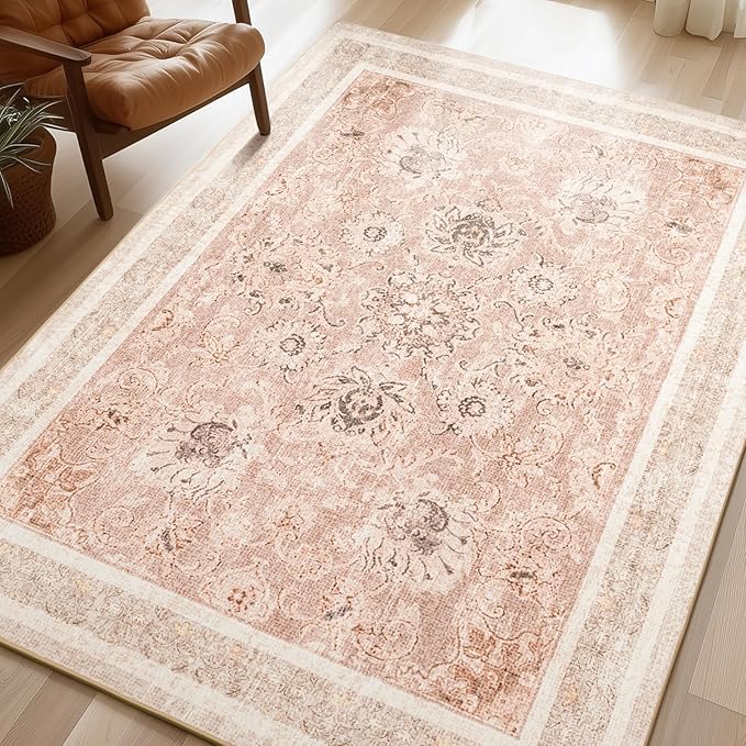 Phantoscope Washable Area Rug 5'x7' Non-Slip, Vintage Neutral Rugs for Living Room, Bedroom, Dining Room, Distressed Boho Floral Medallion Pattern, Low-Pile Foldable Floor Carpet, Soft Pink/Beige