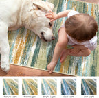 Modern Abstract Runner Rug 3x8, Green Mustard Multi Washable Kitchen Runner Non-Slip Soft Hallway Rug Runner Thin Print Faux Wool Carpet for Entryway Bedroom Laundry Room Indoor Home Office