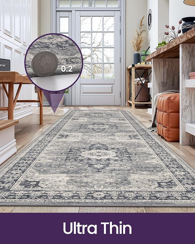 DEXI Hallway Runner Rug 3x12, Distressed Non Slip Runners Carpet, Boho Vintage Soft Thin Indoor Rug, Stain Resistant Washable Entry Mat for Entryway Kitchen Laundry Room Living Room, Blue Grey