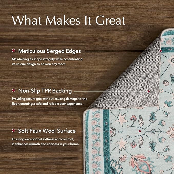 EVERGRACE Area Rugs for Living Room 9x12, Boho Floral Faux Wool Indoor Outdoor Rugs, Washable Rugs for Bedroom Dining Room Entryway Kitchen, Low Pile Floor Mat Carpet for Home Decor, Pale Blue