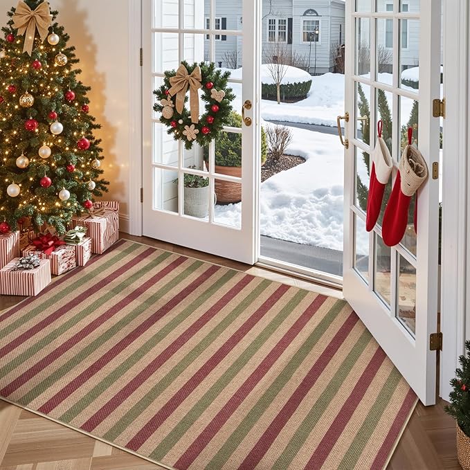 Lahome Christmas Outdoor Rug, 3x5 Christmas Decorations for Porch Entryway Front Door, Striped Plaid Decor Non Slip Non Shedding Red and Green Carpet for Foyer Patio