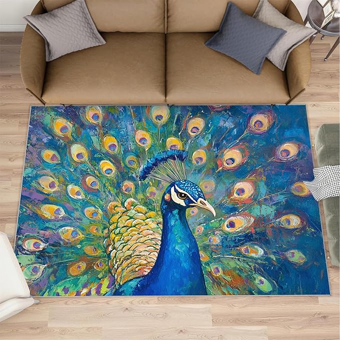 Peacock Rug Large - 6x8 Rug, Turquoise Teal Peafowl Washable Rugs for Living Room, Peafowl Decor Carpet, Modern Style Non-Slip Area Rugs for Bedroom, Aesthetics Carpet - Peafowl Home Decor & Gifts