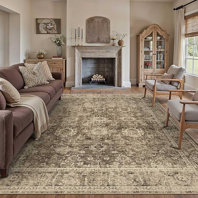 8x10 Washable Area Rug for Living Room Bedroom Brown Vintage Large Distressed Rustic Low Pile Carpet Non-Slip Lightweight Vacuumable Soft Throw Rug for Indoor Dining Room