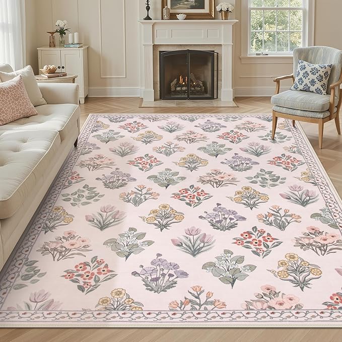 Wonnitar 8x10 Washable Rug, Pink Rugs for Girls Bedroom Decor, Boho Ultra-Thin Non Slip Soft Moroccan Floral Large Carpet for Living Room Baby Nursery Kids Playroom, Pale Pink