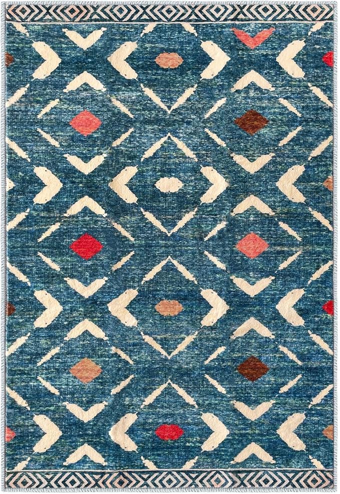KILOCOCO Small Rug 2'x3' Entryway Rug Printed Moroccan Indoor Door Mat Machine Washable Non Slip Soft Throw Rugs for Bedroom Kitchen Entrance Geometric Boho Rugs, Teal/Blue