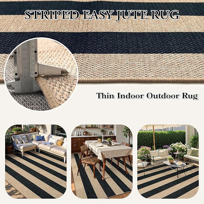 Lahome Striped Easy Jute Dining Room Rug, 6x9 Indoor Outdoor Rugs for Patio Living Room, Farmhouse Neutral Non Slip Low Pile Black Carpet for Bedroom Office Backyard Classroom