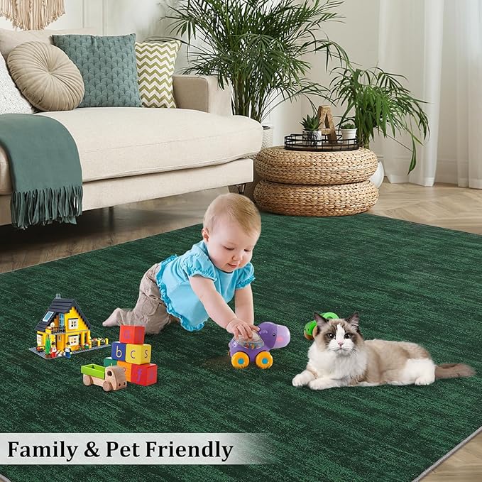 RUGSREAL Extra Large 10x13 Living Room Area Rug Modern Solid Washable Rug Contemporary Indoor Throw Floor Carpet Non Slip Low Pile Foldable Accent Rug for Bedroom, Dark Green