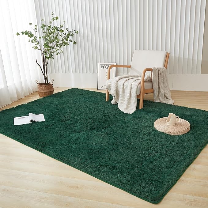 Andency Emerald Green Soft Area Rugs for Living Room Bedroom, 3x5 Non-Slip Fluffy Shag Carpet, Indoor Floor Fuzzy Shaggy Living Room Plush Rug for Kids Dorm Nursery Home Decor Aesthetic