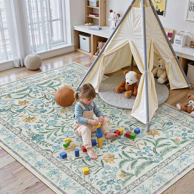 Lahome Blue 5x7 Area Rugs for Living Room, Boho Floral Washable Girls Bedroom Rug, Soft Retro Non-Slip Kids Nursery Carpet for Playroom Apartment Decor