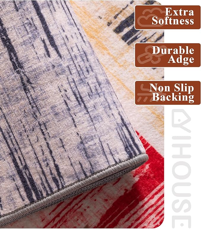YIHOUSE Cream Retro Rugs 5x7,Blue and Red Vintage Washable Carpets for Bedroom,Farmhouse Abstract Area Rug,Unique Checkered Block Rug for Living Room,Dining Room,Office