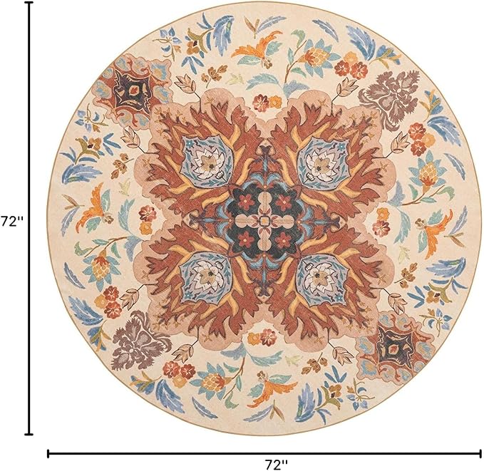 Phantoscope Washable Round Area Rug 6ft Non-Slip, Vintage Boho Rugs for Living Room, Bedroom, Dining Room, Fall Orange Floral Medallion Pattern, Low-Pile Foldable Floor Carpet, Rust/Multi Floral