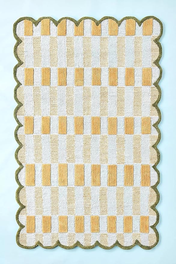 Hand-Tufted Wool Rug with Scalloped Edges, Light Blue Plaid Pattern, Cozy Soft Area Rug for Living Room, Bedroom, and Nursery, Handmade Modern Accent Rug (Blue, 12X15 FEET)