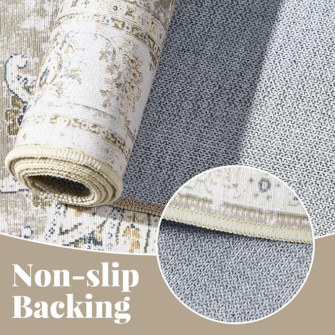 jinchan Fiora Hallway Runner Rug 3x10 Machine Washable Runner Rug Taupe Vintage Floral Design Non-Slip Low Pile Ultra-Thin for Kitchen Laundry Room Bedroom Farmhouse (3‘x10', Taupe)