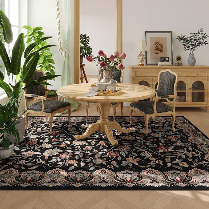 Rugcomf Vintage Paisley Rugs for Living Room 5'x7' - Machine Washable Area Rug, Non-Slip Low Pile Floral Carpet for Bedroom, Dining Room, Farmhouse, Office, Kids Playroom - Black